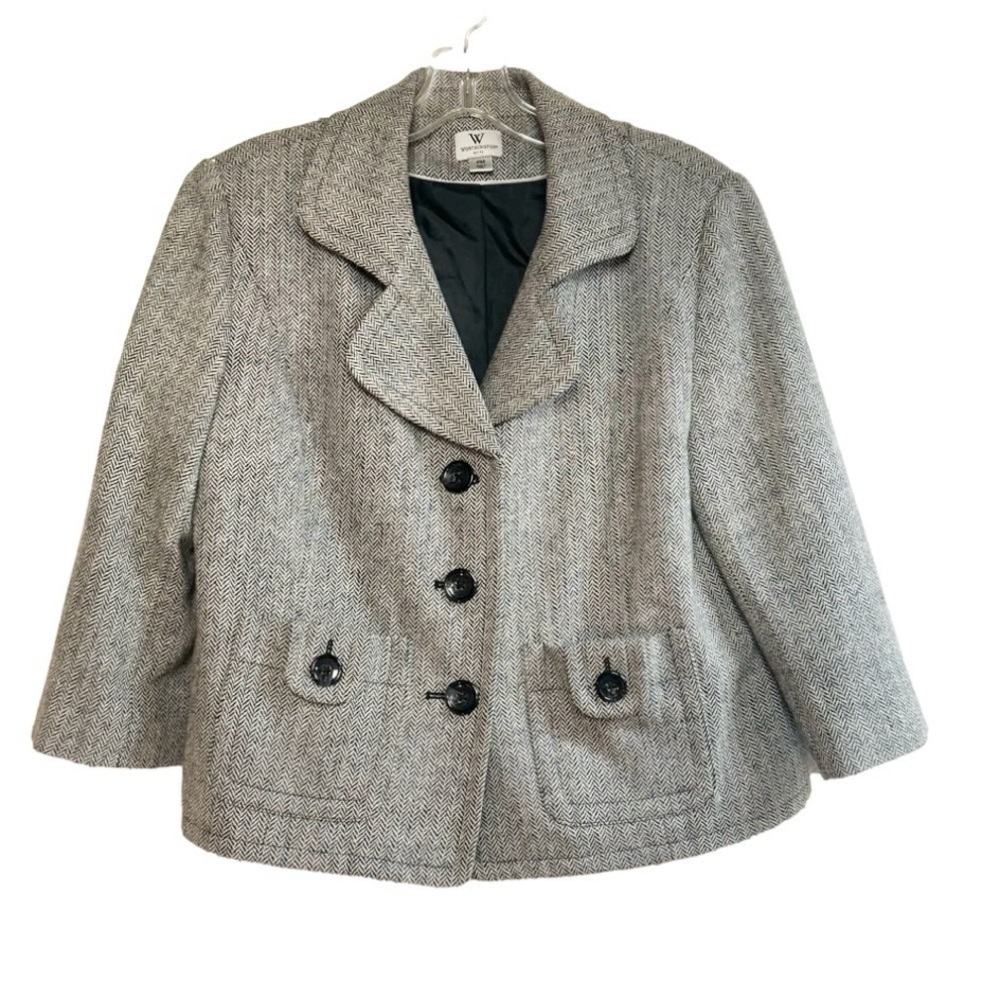 Worthington Petite Blazer Black White Herringbone Wool Blend, 3/4 sleeve.